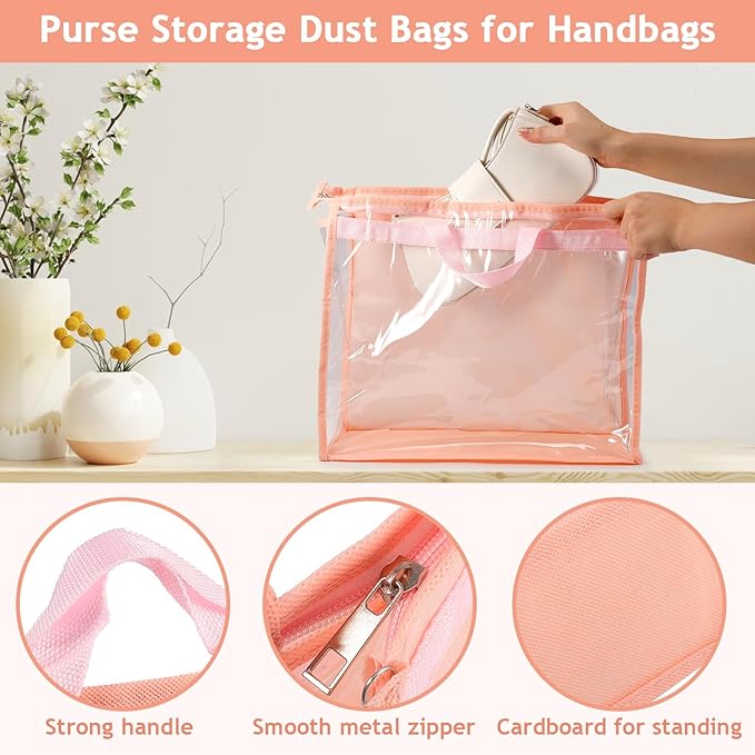 15 PCS Dust Bags for Handbags,Purse Protector Storage Bag,Purse Cover Hanging Closet Organizer with Zipper Handle,Clear Handbag Storage Organizer for Closet,3 Assorted Sizes(Pink)
