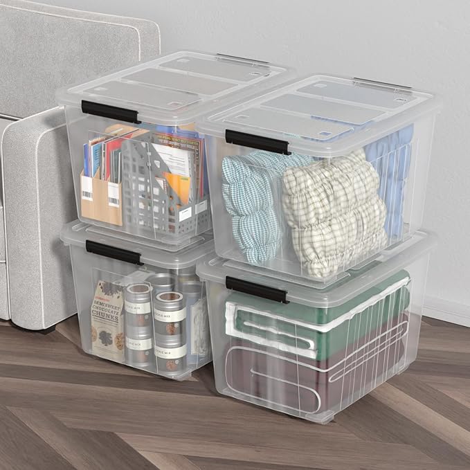 70 L Clear Storage Bin with Wheels, Extra Large Plastic Latching Storage Box, 4 Pack