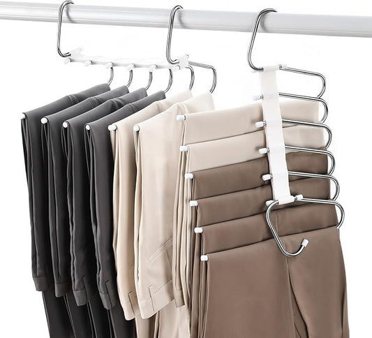 Upgraded Collapsible Pants Hangers Space Saving, 6 Layers Clothes Rack, Stainless Steel Multifunctional Closet Organizer, Non Slip Metal Hangers for Pants Jeans Skirts Trousers (1 Pack)
