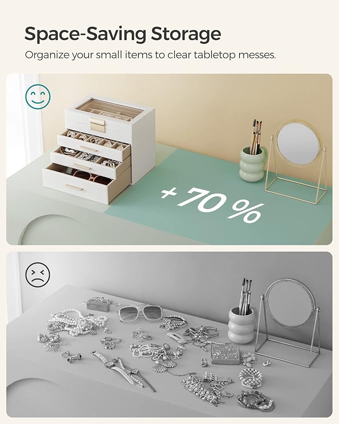 SONGMICS Jewelry Box Organizer with Glass Lid, 4-Layer Jewelry Storage, with 3 Drawers, Modern Style, 6 x 9.9 x 8.5 Inches, Cloud White and Gold Color UJBC161W01
