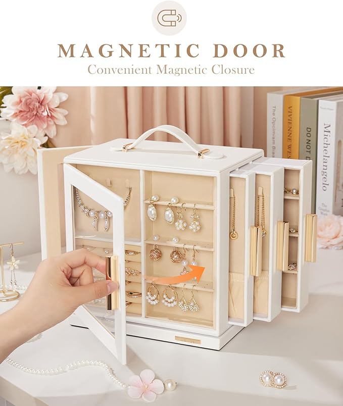 Homde Valentine's Day gifts Jewelry Box 360° Rotating, Necklace Earring Organizer with Transparent Window, Mirror, 7 Drawers, Large Ring Display Storage Case for Girls Women (White)