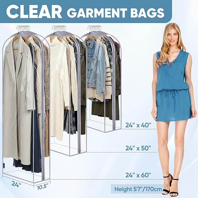 BALEINE 40'' Clear Garment Bags for Hanging Clothes, 10.5'' Wide PEVA Suit Bag for Closet Clothes Dresses Coat (Clear, 3PK)