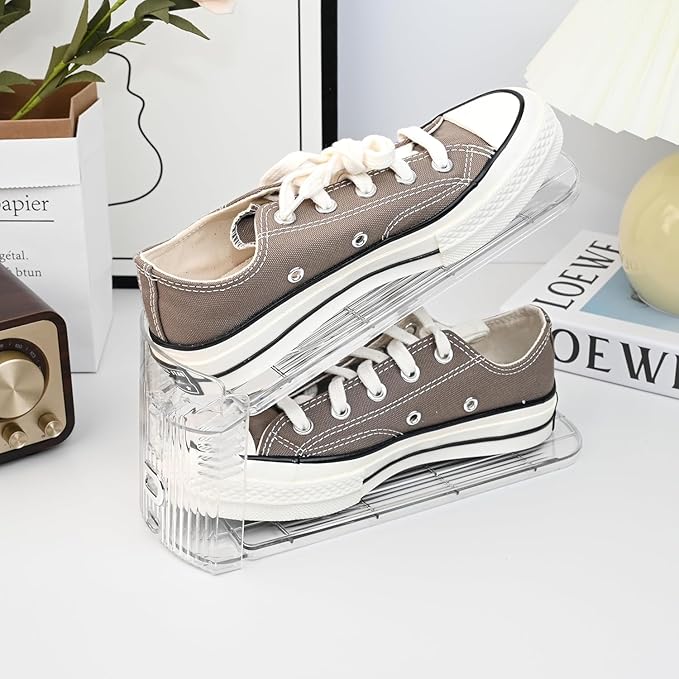 10-Pack Shoe Slot Organizer & Shoe Stacker for Closet, Adjustable Shoe Space Saver, Double Deck Clear Shoe Storage for Small Spaces (Transparent Gold)