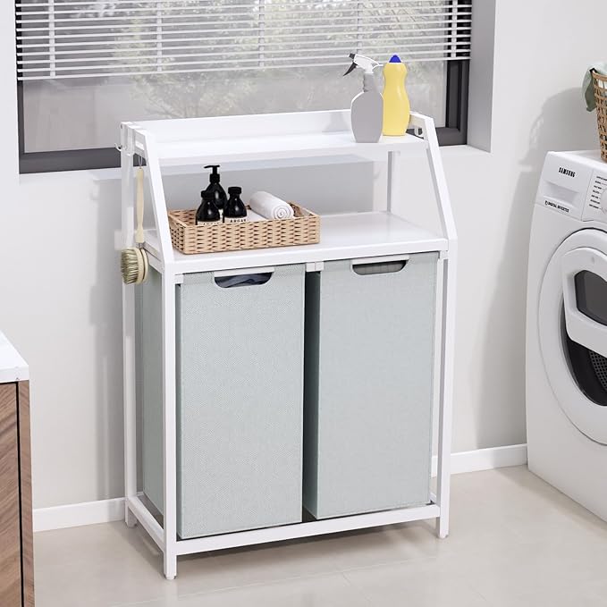 Laundry Hamper, Laundry Sorter 2 Section, Rolling Laundry Basket with Wheels, 2 Shelves, 2 × 14.5 Gal, Pull-Out and Removable Oxford Fabric Bags, for Laundry Room, White and Grey