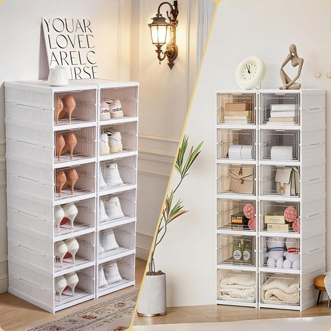Shoe Storage Box, No-Assembly 6 Tiers Foldable Shoe Organizer with Clear Door, Space-saving Shoe Rack，Sturdy Clear Plastic Stackable Sneaker Container
