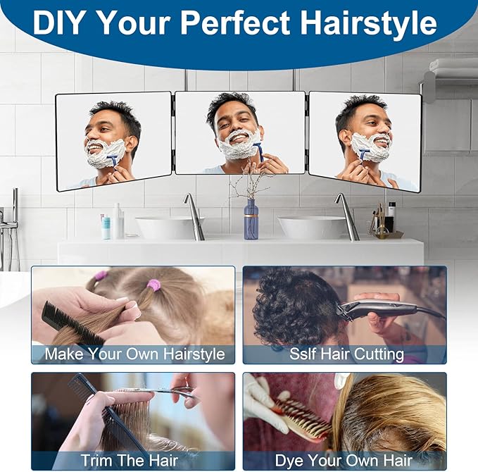 3 Way Mirror for Self Hair Cutting,360 Haircuts Men for Barber Use Tools,to See Back of Head,Tri Fold Mirror with Portable Height Adjustable Telescoping Hooks