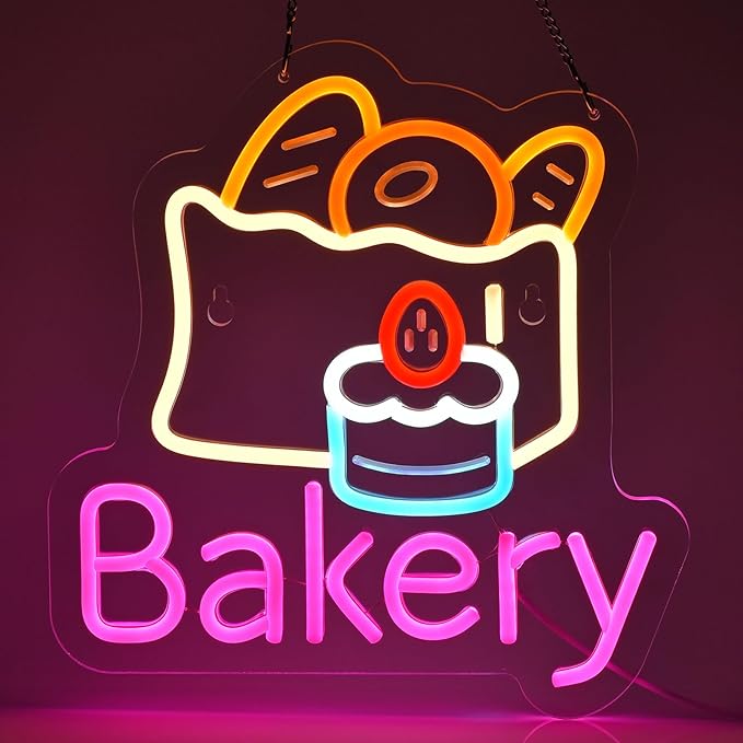 Bakery Neon Sign for Wall Decor LED Light up Sign Kitchen Baking Dessert Shop Restaurant Business Signage Cake Food Shop Cafe Birthday Party 12.6" x 11.8" Led Art Hanging Decorative Gifts