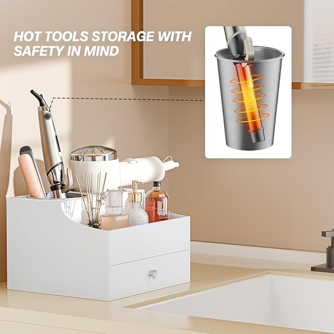 Hair Tool Organizer, Acrylic Hair Blow Dryer Holder Stand with Drawer for Straightener and Curling Storage, Bathroom Vanity Countertop Organization for Makeup Accessories - White