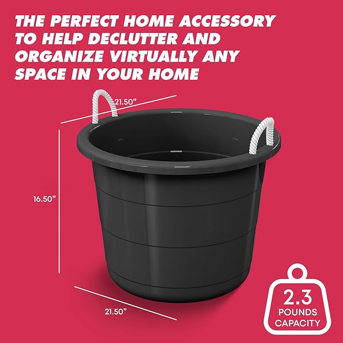 Life Story Large 17 Gallon Flexible Plastic Storage Bucket Container with Easy Grip Rope Handles for Indoor and Outdoor Storage, Black, 8 Pack