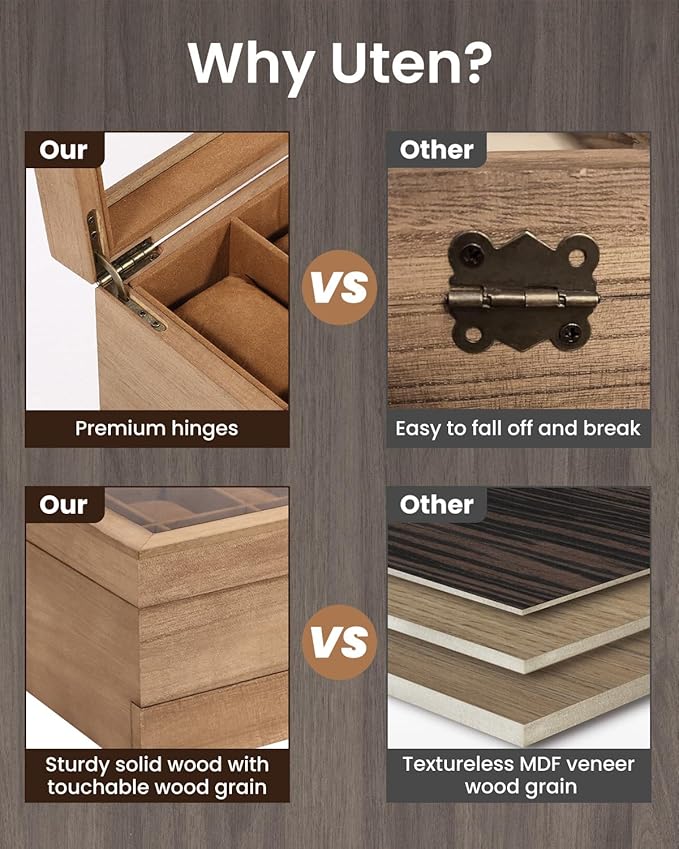 Uten 12-Slot Watch Box, 2-Layers Solid Wood Watch Display Case with Glass Lid, Watch Holder Organizer with Soft Pillow and Velvet Lining, Watch and Jewelry Storage Box, Brown