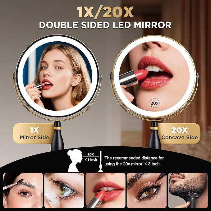 Lighted Makeup Mirror, 20x Magnifying Rechargeable Double Side Vanity Mirror, 3 Color Lights with Brightness Adjustable, Matte Black with Gold Trim, Modern Style Side Touch + Side Charge, Women Gift