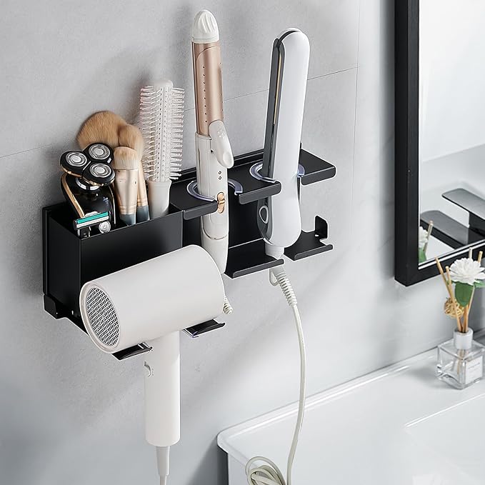 Hair Tool Organizer Wall Mounted,Hair Dryer Holder,blow dryer,curling iron,Straightener holder,Metal 3 in 1 Bathroom Bedroom Hair Accessories Tools Organizer Rack.Black