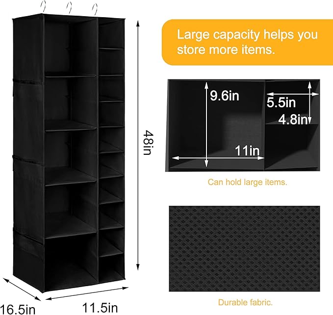 coastal rose Hanging Shoe Closet Storage Organizer, 15 Sections Closet Organizers and Storage Shelves Shoe Rack Holder Hanger, Black