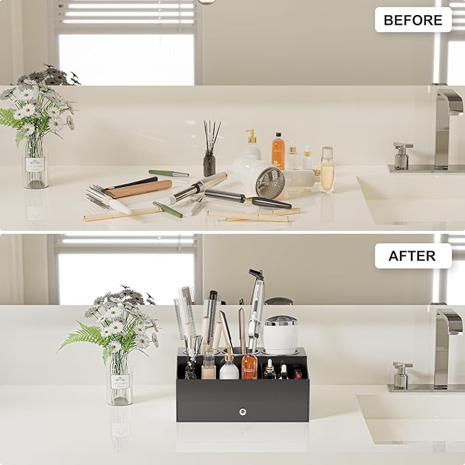 Hair Tool Organizer, Acrylic Hair Blow Dryer Holder Stand for Straightener and Curling Storage, Bathroom Vanity Countertop Organization for Makeup Accessories (Black)