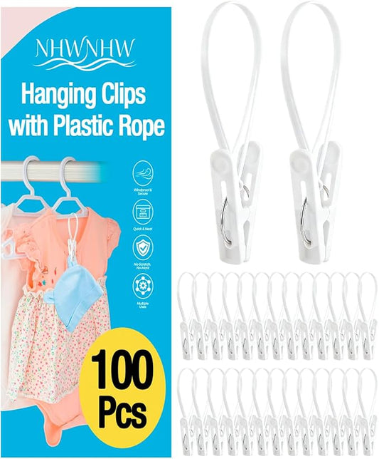 100 Pack Multi Purpose Laundry Hanging Clips with Rope, Strong Grip Hanging Clips for Baby Hangers, Pants, Socks, Towels & Closet Organization, Multi-Purpose Laundry Drying Hooks (White)