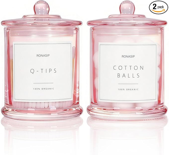 2 pack Cotton Buds Holder, Cotton Wool Pads Jar, 16 Oz Glass Qtip Dispenser Holder for Qtips, Swabs,Makeup Sponges (Pink)