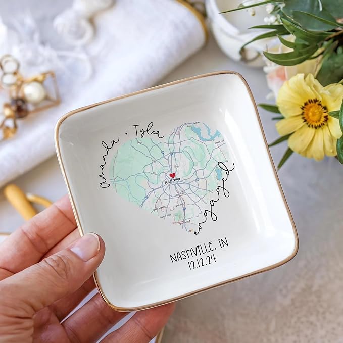 Chillever Custom Map Engaged Trinket Dish, Location Engagement Gifts For Couple Jewelry Tray, Ring Dish, Newly Engaged Ring Holder Best Gift For Lover 2