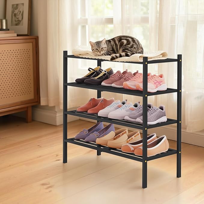 Smiry Bamboo Shoe Rack 4-Tier, Stackable Wooden Shoe Organizer for Entryway & Closet, Free Standing Wood Shoe Storage Shelf for Front Door & Small Spaces, Black