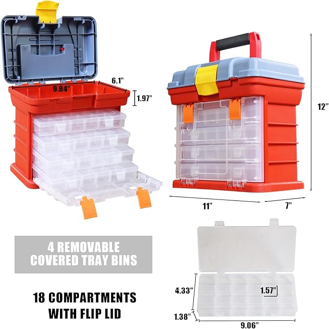 BIG RED AG2154CR Tackle Box Organizer: Portable Storage Tool Box with 4 Drawers and 19 Compartments Each for Hardware, Fish Tackle, Beads and more, Red
