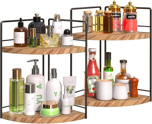 2 Pack Bathroom Counter Organizer, 2 Tier Corner Bathroom Counter Organizer Wooden Vanity Organizers for Bathroom Organizers and Kitchen Storage Dresser Decoration