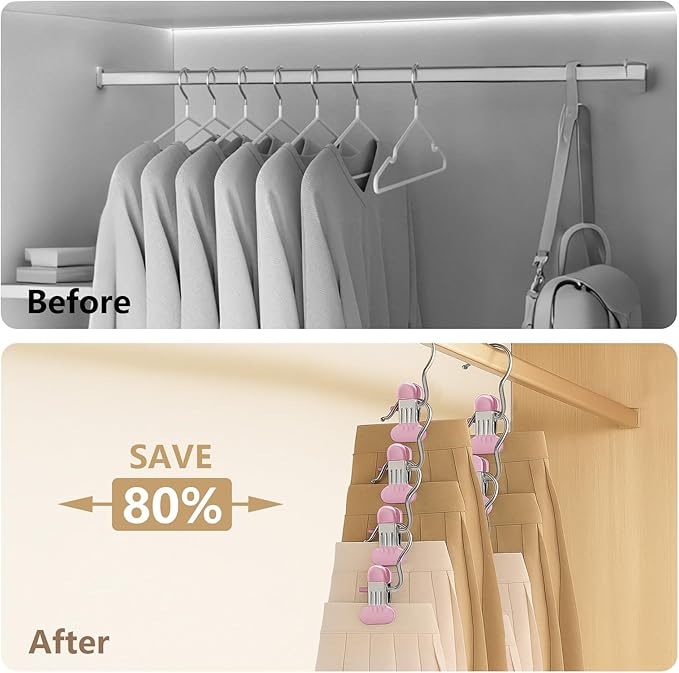 Wider Leggings Hangers for Closet 20 Pack, Metal Pants Hangers with Clips, Non-Slip Skirt Boot Jeans Hanger, Stackable Closet Organizer Space Saving Pink