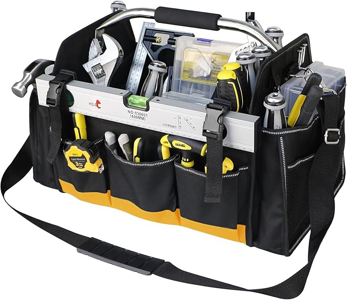 18 Inch Open Top Tool Bag, Tool Bags for Men with 30 Pockets, 1680D Waterproof Fabric, Foldable Electrician Tool Bag with Rotating Handle, Reflective Tool Organizer for Men, Yellow