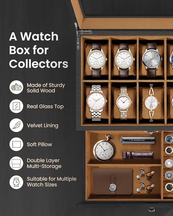 Uten 10-Slot Watch Box, 2-Layers Solid Wood Watch Display Case with Glass Lid, Watch Holder Organizer with Soft Pillow and Velvet Lining, Watch and Jewelry Storage Box, Brown