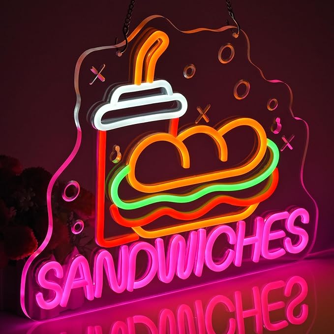Sandwiches Neon Sign for Wall Decor LED Light up Sign Business Signage for Home Kitchen Restaurant Fast Food Store Man Cave Party 15.7" x 12.6" Led Art Wall Hanging Decorative Gifts