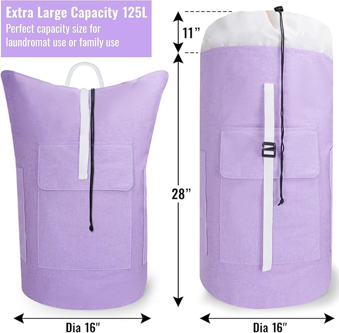 Laundry Bag Backpack, 125L Extra Large Laundry Backpack with Shoulder Straps, Adjustable Extendable Laundry Hamper Bag with 3 Pockets for College, Travel, Camping (Purple)