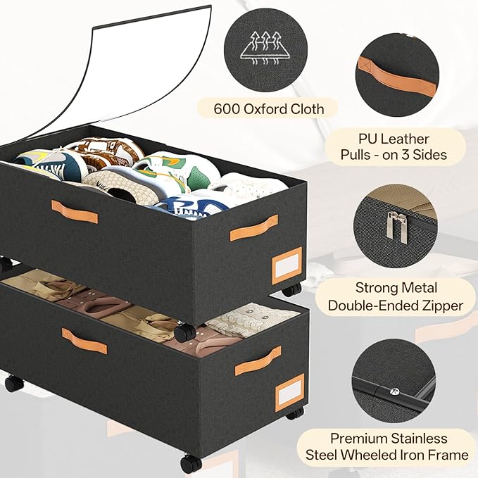 Under Bed Storage with Wheels,12inch Tall Under Bed Storage XXL 80L, Under Bed Storage Containers with Clear Lids,No Assemble Rolling Storage Bins Large Capacity for Closet, Blankets,Shoes,Toys
