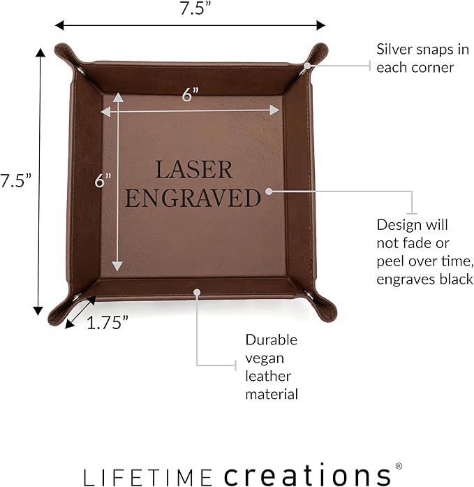 Lifetime Creations Personalized Valet Tray (Brown) - Custom Engraved Vegan Leather Snap Catchall, Gifts for Groomsmen