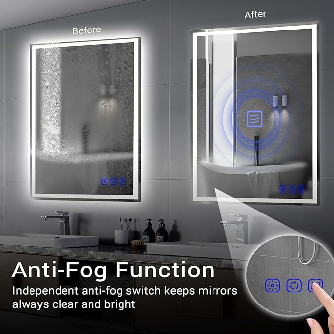 32"x24" LED Bathroom Mirror with Lights Front & Backlit Smart LED Mirror Bathroom Lighted Vanity Mirror Wall-Mounted Design Stepless Dimmable Anti-Fog Shatterproof Memory Function