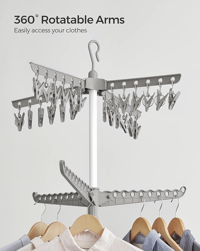 SONGMICS 2-Tier Clothes Drying Rack, 72-Inch Folding Laundry Drying Rack with 3 Rotatable Arms for Hangers, 24 Clips, Stainless Steel, for 27 Pieces of Clothes, Gray and White ULLR512G01