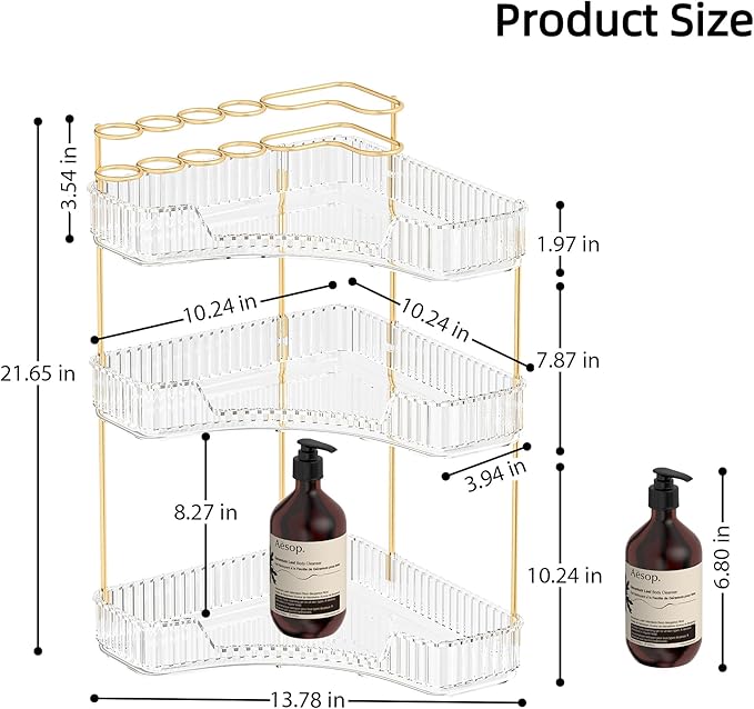 Makeup Organizer Countertop 3 Tier, Corner Bathroom Countertop Organizer with Toothbrush and Makeup Brush Holder, Corner Vanity Tray for Skincare Organization