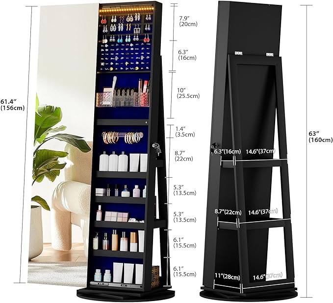 LVSOMT 360° Rotating Jewelry Mirror Cabinet with LED Lights and Lock - Freestanding Jewelry Storage Organizer for Bedroom, Closet, Vanity, Cosmetics & Accessories (Black)