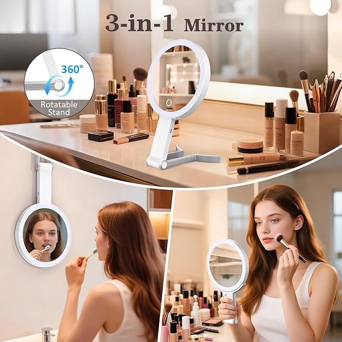 Travel Makeup Mirror with Lights, 15X/1X Double Sided Travel Magnifying Mirror, Portable Beauty LED Mirror, Valentine's Gifts For Her 3 in 1 Tabletop/Handheld/Hanging, 3 Color Lighting, Dimmable Touch