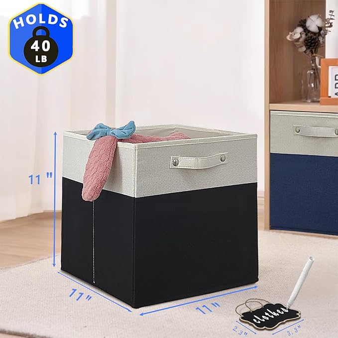 11 cube storage bins,Set of 4 Collapsible Fabric Storage Cubes with Labels,Linen Cube Storage Organizer Bins Kallax Storage Cubes for Organizing Office,Shelves,Nursery Toys,Clothes(White Black).