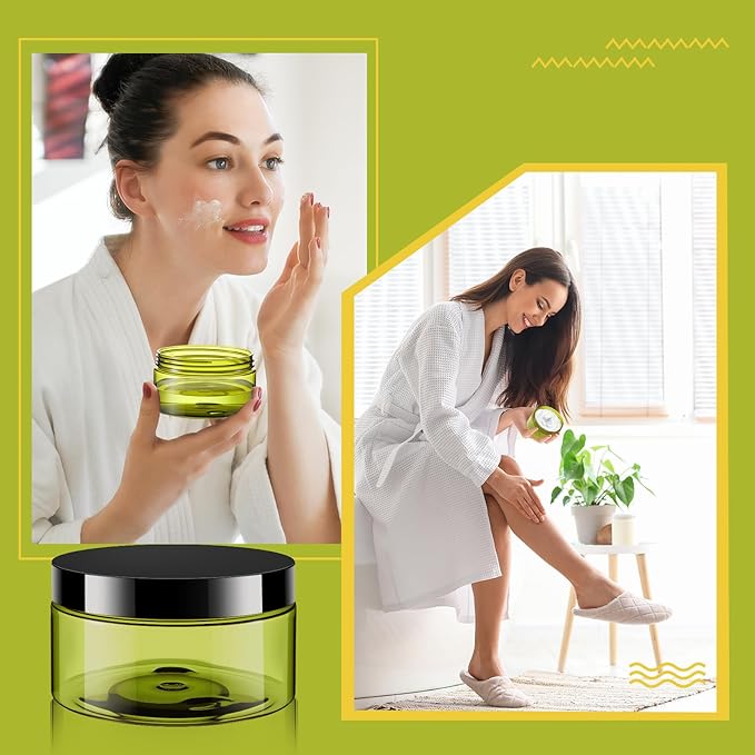 Dandat 24 Pcs 8 oz Plastic Jar Container with Lid and Label Refillable Empty Round Green Pet Cosmetic Sample Slime Containers for Lotion, Cream, Ointments, Body Butter, Makeup, Travel Storage