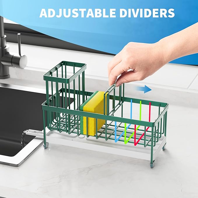 Cisily Sponge Holder for Kitchen Sink, Sink Caddy Organizer with High Brush Holder, Kitchen Countertop Organizers and Storage Essentials, Rustproof 304 Stainless Steel (Dark Green, 9.25″)