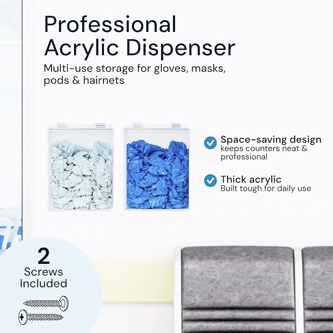 Clear Acrylic Glove Dispenser - Storage Wall Mount Storage for Hairnets, Masks, and Laundry Pods - 8.25" H x 6.5" W x 5" Holder for Estheticians and Home - Hardware Included