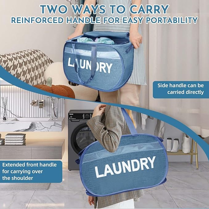 Collapsible Laundry Basket 2 pack, Foldable Pop Up Blue Laundry Baskets Mesh with Lid & Handle, Pop Up Collapsible Laundrys Hamper, Fabric Laundrys Baskets for Dorm, Travel, Bathroom