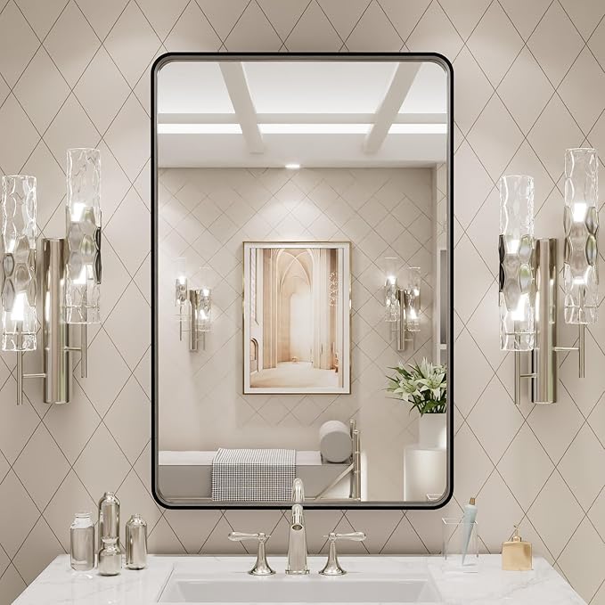 LOAAO 20X30 Inch Black Metal Framed Bathroom Mirror for Wall, Matte Black Bathroom Vanity Mirror Farmhouse, Large Rounded Rectangle Mirror, Anti-Rust, Hangs Horizontally or Vertically