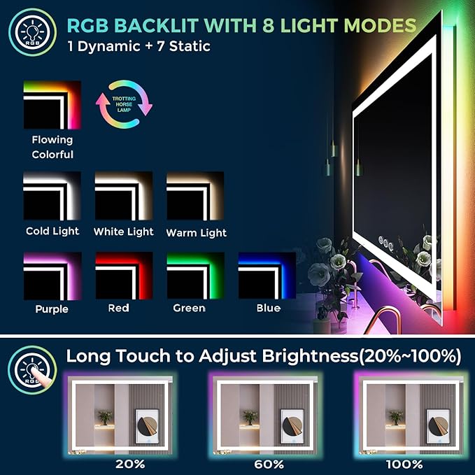 40x36 Inch RGB LED Bathroom Mirror Front Light and RGB Backlit Lighted Vanity Mirror for Bathroom Wall Mounted Dimmable Anti Fog Memory Shatter-Proof IP54 Waterproof Horizontal/Vertical