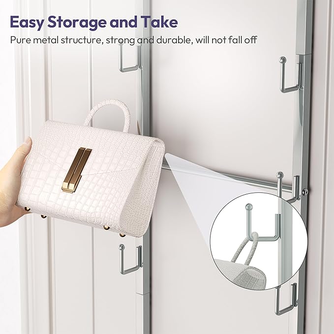 SWTYMIKI Over The Door Purse Organizer - Wall Mounted Handbag Organizer with 10 Hooks and Metal Basket, Hanging Purse Storage Rack Holds up to 10 Bags, Bag Rack Can Use As 1/2 Part, for Door, Closet