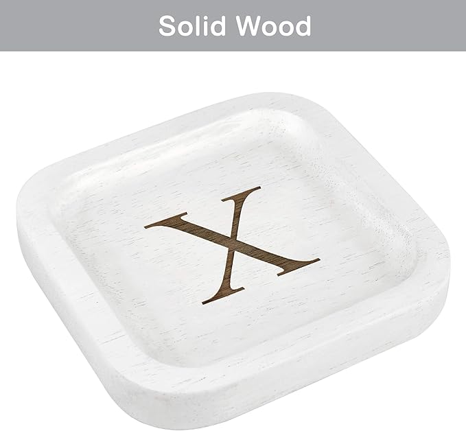 I'm Wooden Personalized Letter Catchall Valet Tray Trinket Dish Jewelry Tray Key Bowl Decorative Plate Organizing Ring Earrings Necklaces Bracelet Watch Coins Wallet Holder (6"x6" Sq White X)