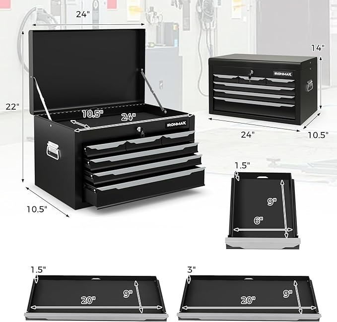 IRONMAX 6 Drawer Tool Box, 24" Lockable Toolbox with Top Tray, Portable Steel Storage Box Organizer, Heavy Duty Tool Chest Cabinet for Garage, Workshop, Repair Shop, Warehouse