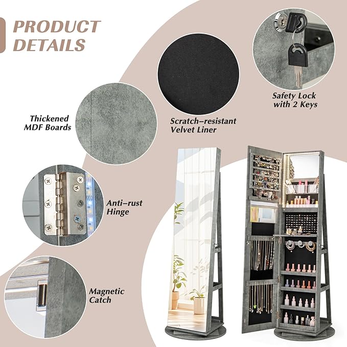 GOFLAME 360° Rotating Jewelry Cabinet with Full-Length Mirror, Freestanding Jewelry Armoire with 3-Color LED Light and Back Storage Shelf, Lockable Jewelry Organizer for Bedroom Cloakroom, Stone Gray
