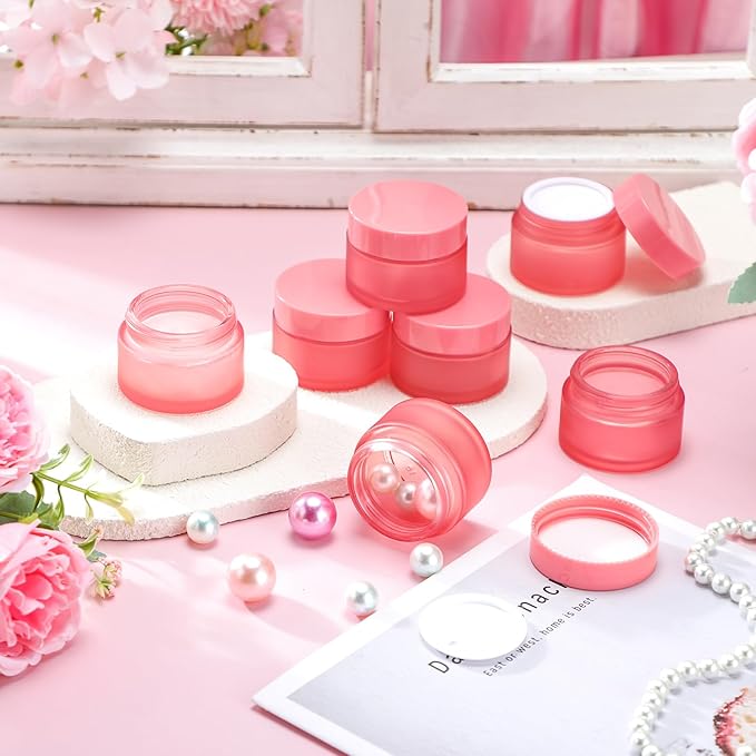 Domensi 100 Pcs 1 oz Glass Jars with Lids Bulk Round Glass Cosmetic Jars for DIY Lip Balm Small Travel Containers with Inner Liner for Lotions Powders Ointments Sample Cream(Pink,Pink)