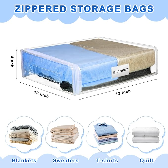 Kenning Set of 20 Clear Zippered Storage Bags for Sheet Organizer Plastic Sweater Bags with Handle Pocket Vinyl Bag for Bed Blanket Throw Pillow Toys(White,12 x 10 x 4 Inch)