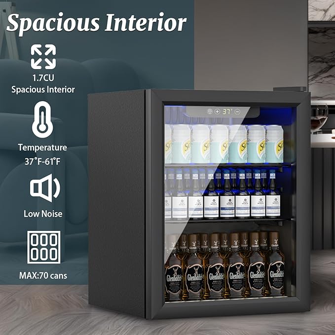 1.7 Cu.ft Beverage Refrigerator Cooler, 72 Cans Mini Fridge with Glass Door, and Temperature controllable switch for Soda, Beer or Wine For Office or Bar with Removable Shelves